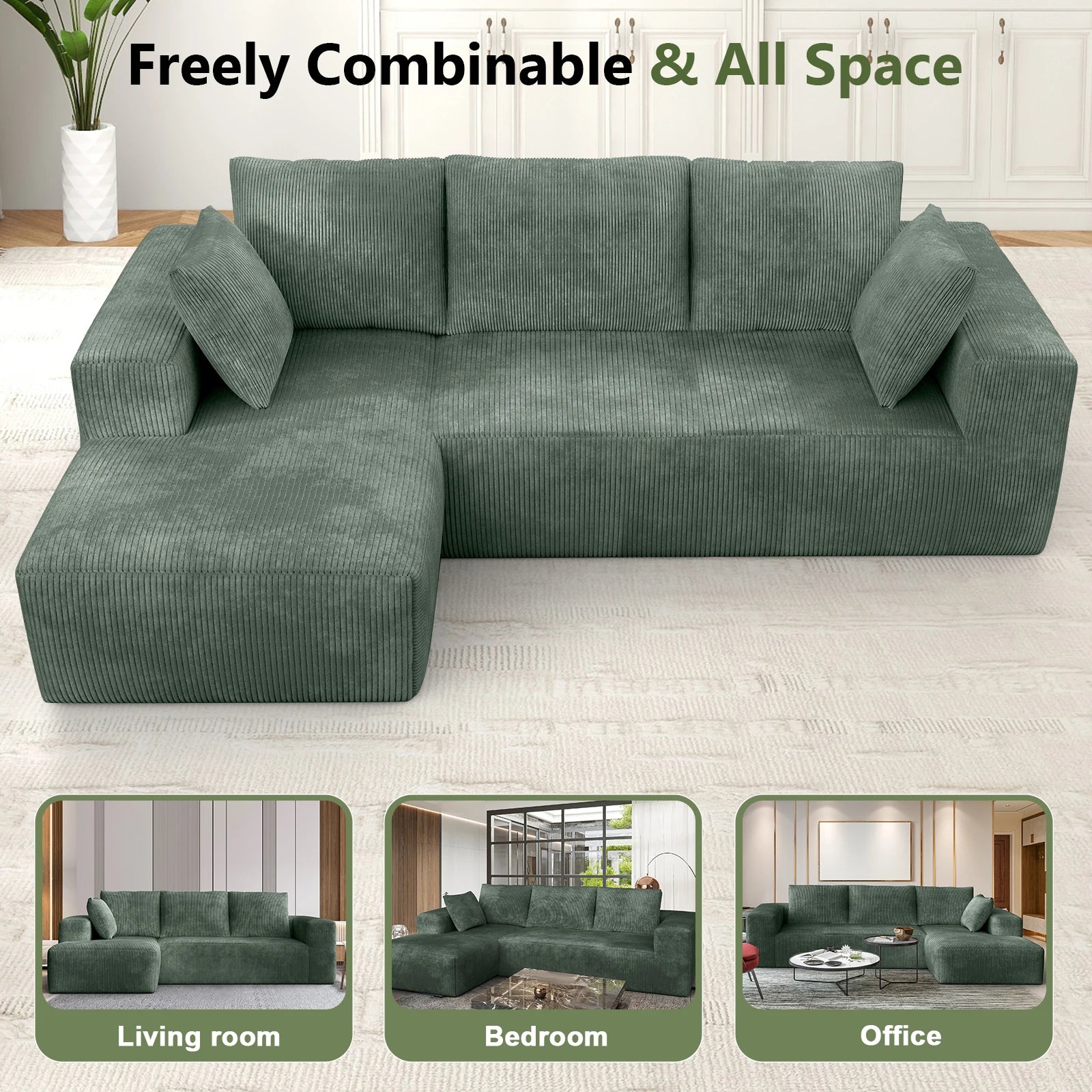 Durable L-Shape Sectional Sofa | Heavy-Duty Modular Cloud Couch | Vacuum Sealed Construction – Green