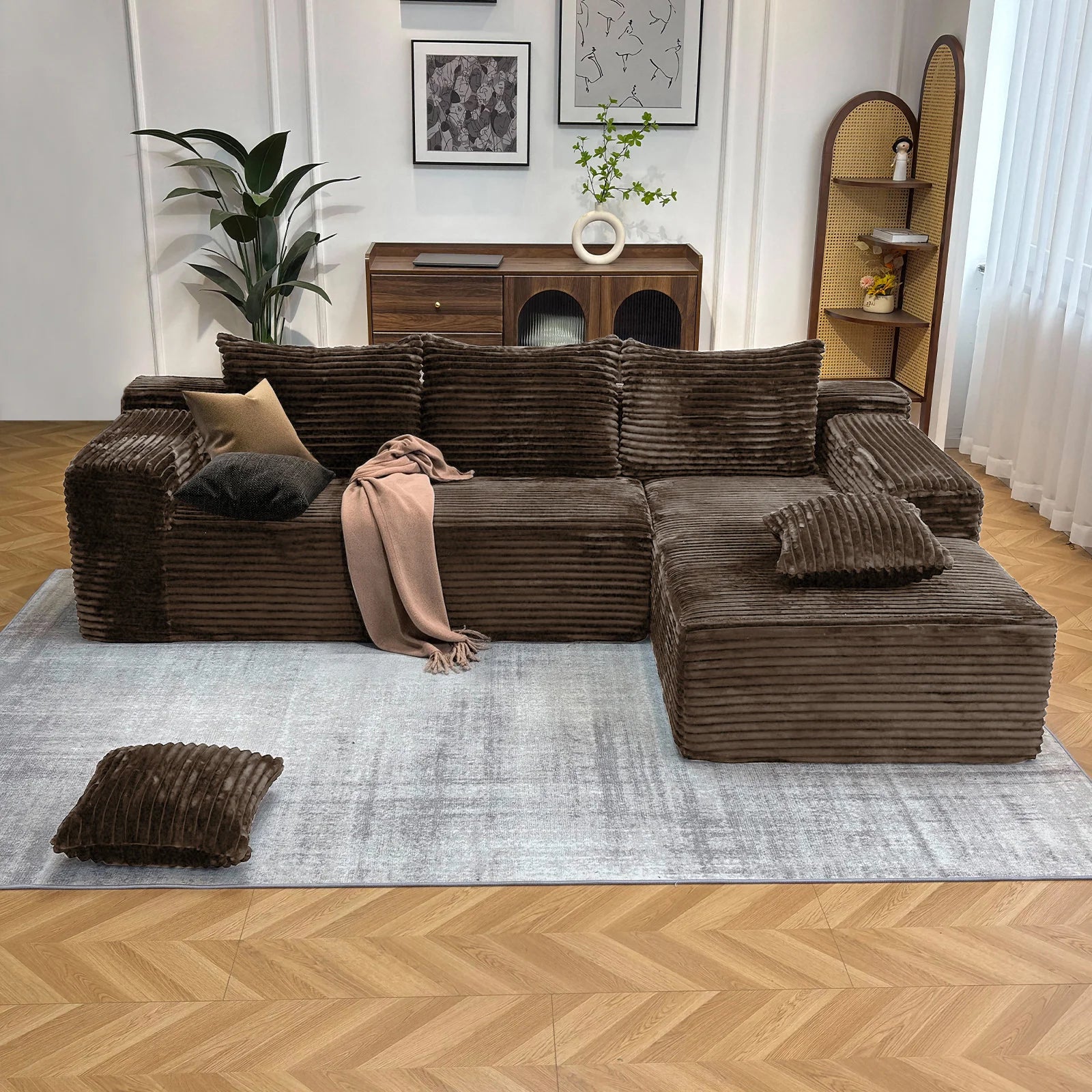 Brown Luxury Modular L-Shape Cloud Sectional Sofa Bed – Convertible & Boneless