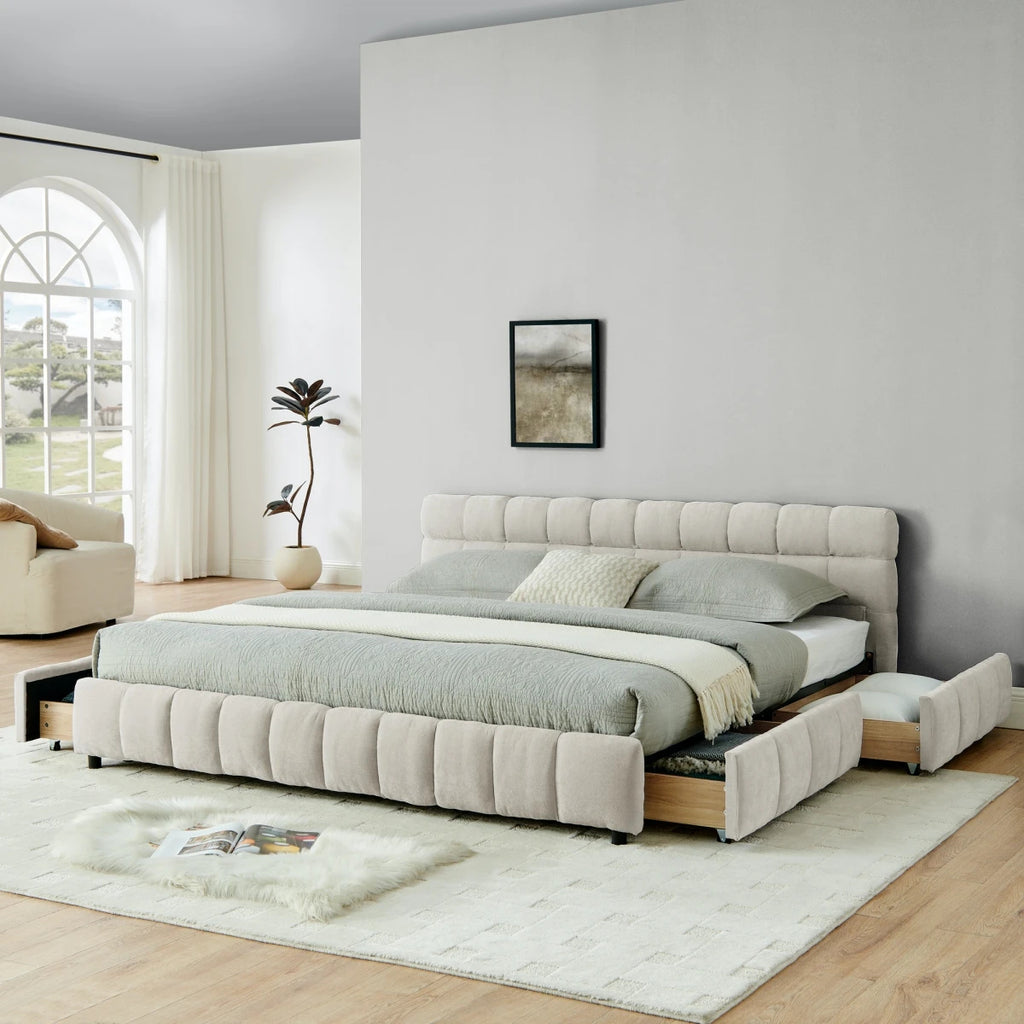 Modern Luxury Upholstered Bed Frame – Soft Chenille Fabric, Solid Wood Structure, Queen & King