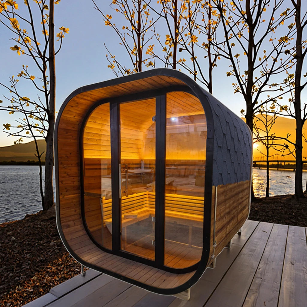 Square Spruce Home Sauna Kit with Panoramic Glass Wall & Rapid Stainless Steel Heater