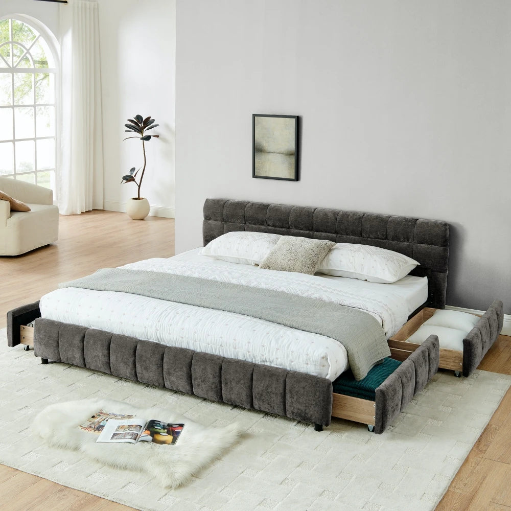 Modern Luxury Upholstered Bed Frame – Soft Chenille Fabric, Solid Wood Structure, Queen & King