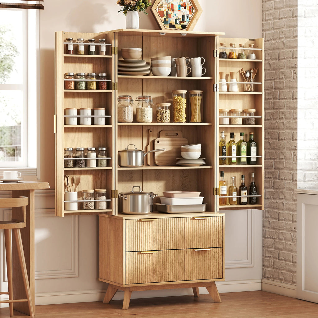 Solid Wood Modern Fluted Barn Door Pantry Cabinet – 10 Side Doors, 2 Drawers, Adjustable Shelves