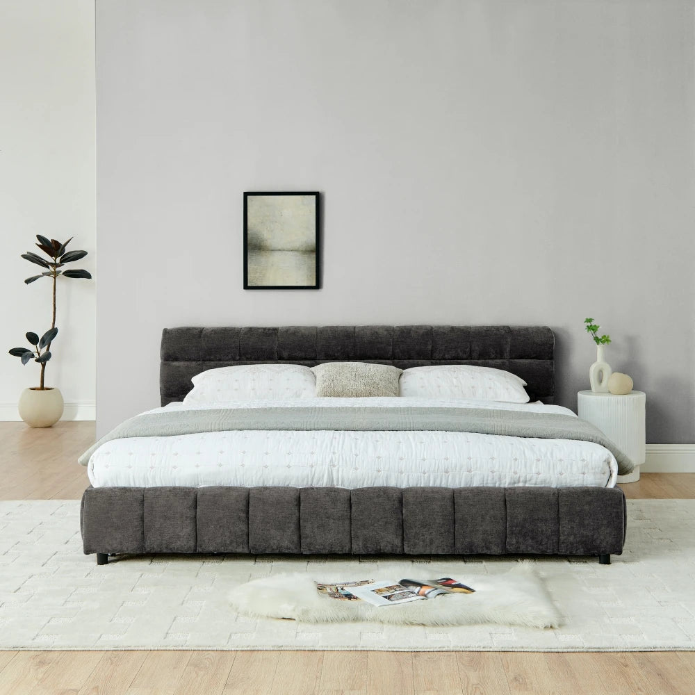 Modern Luxury Upholstered Bed Frame – Soft Chenille Fabric, Solid Wood Structure, Queen & King