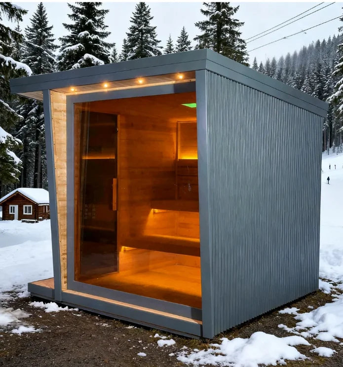Large Outdoor Steam Sauna Black Trim Sloped Roof Solid Wood Carbonized Spruce 6 Person