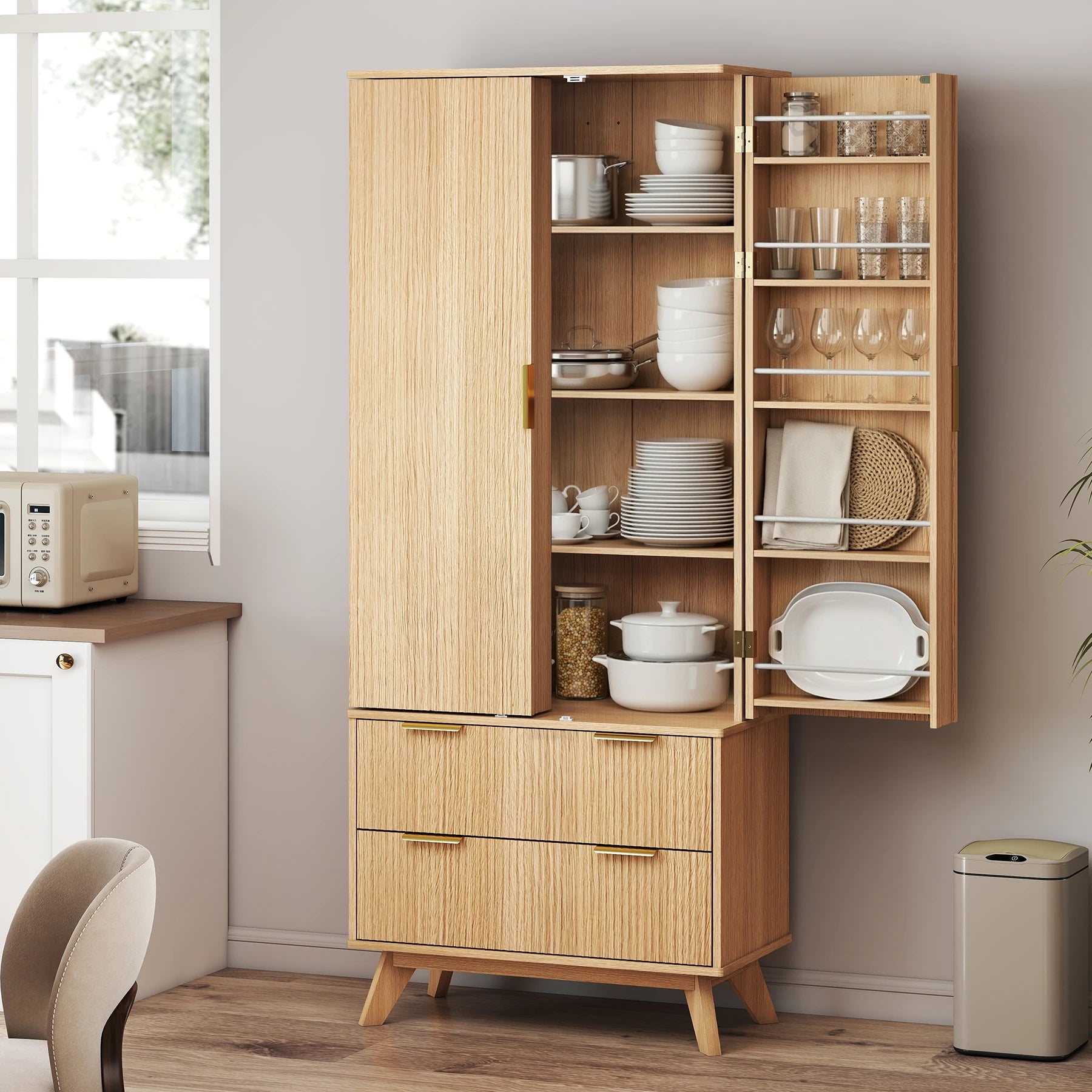 Solid Wood Modern Fluted Barn Door Pantry Cabinet – 10 Side Doors, 2 Drawers, Adjustable Shelves