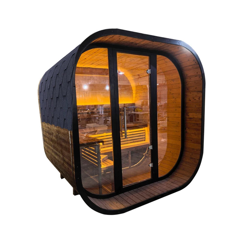 Square Spruce Home Sauna Kit with Panoramic Glass Wall & Rapid Stainless Steel Heater