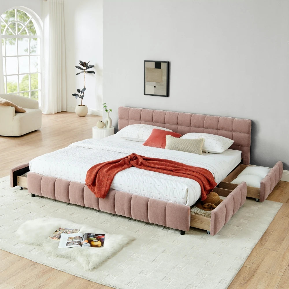 Modern Luxury Upholstered Bed Frame – Soft Chenille Fabric, Solid Wood Structure, Queen & King