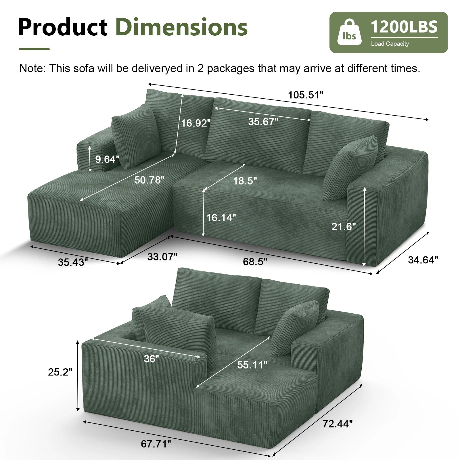 Durable L-Shape Sectional Sofa | Heavy-Duty Modular Cloud Couch | Vacuum Sealed Construction – Green