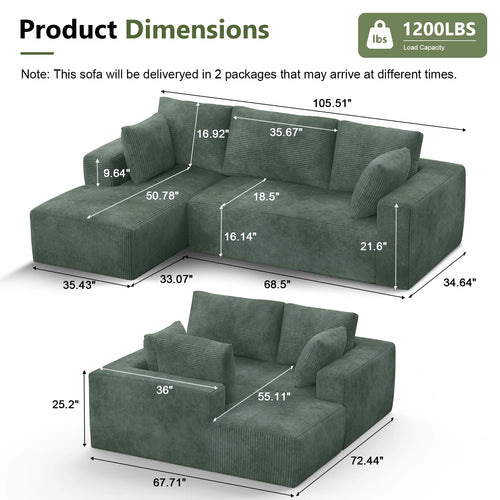 Durable L-Shape Sectional Sofa | Heavy-Duty Modular Cloud Couch | Vacuum Sealed Construction – Green