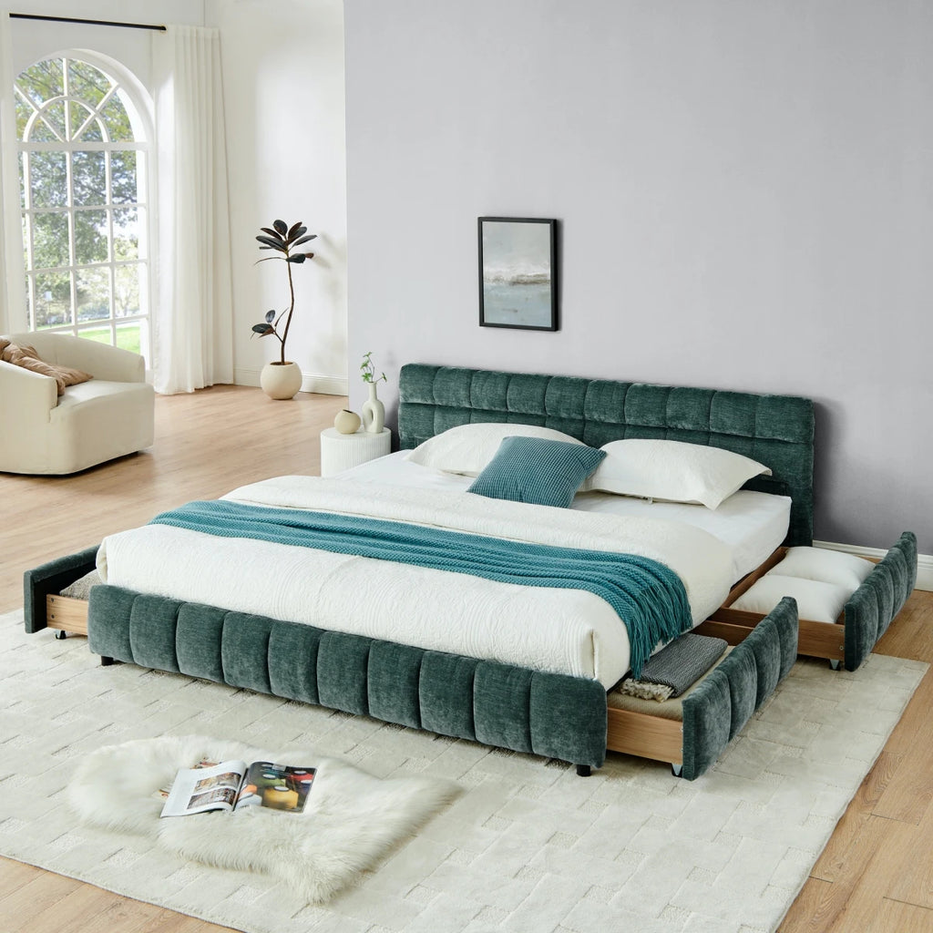 Modern Luxury Upholstered Bed Frame – Soft Chenille Fabric, Solid Wood Structure, Queen & King