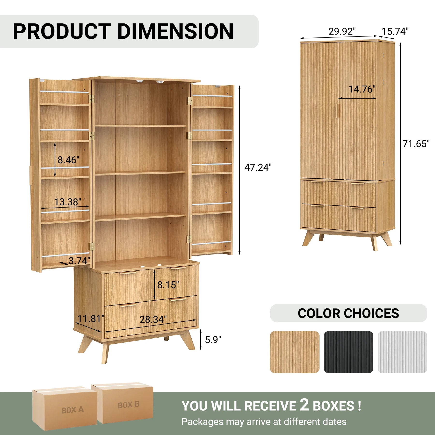 Solid Wood Modern Fluted Barn Door Pantry Cabinet – 10 Side Doors, 2 Drawers, Adjustable Shelves