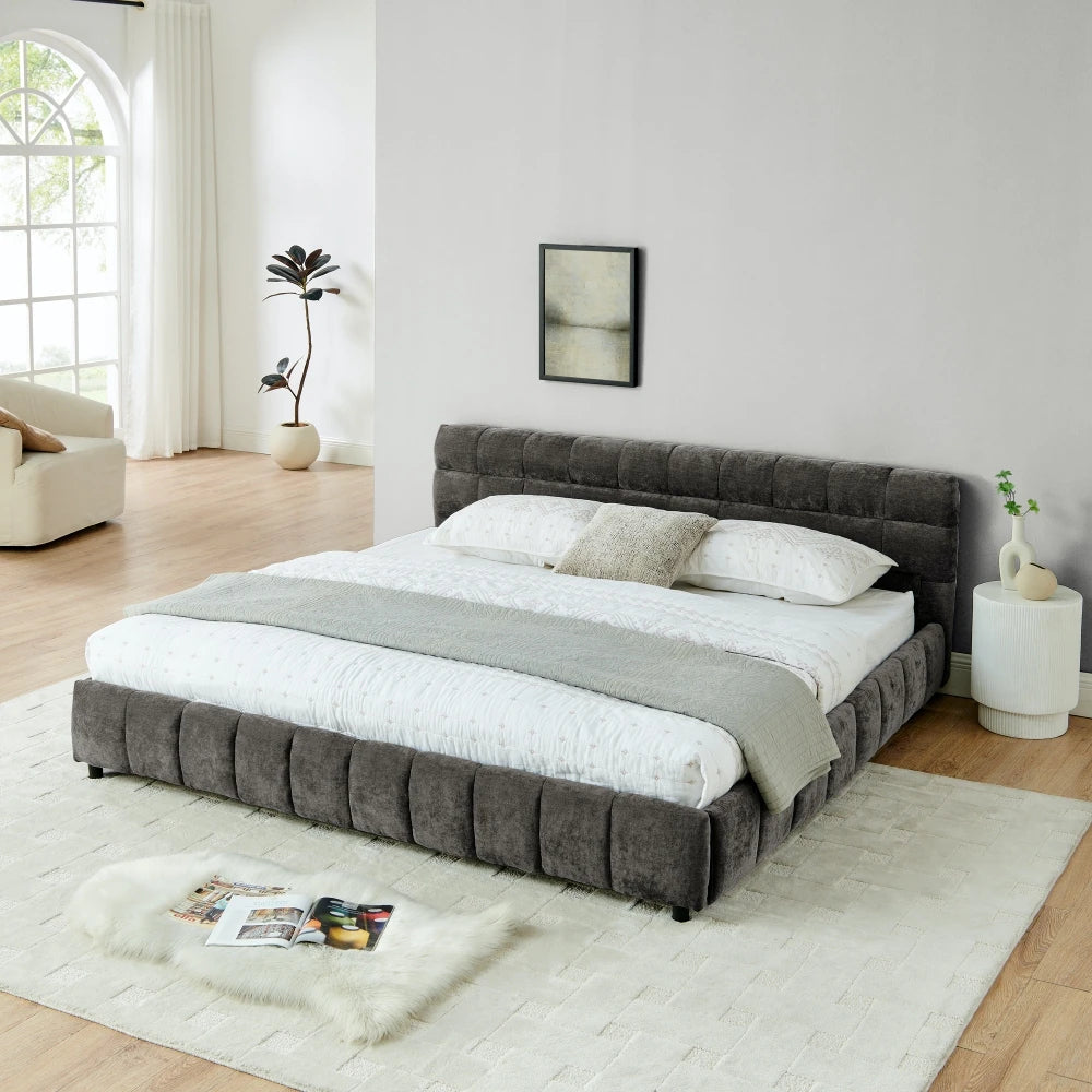 Modern Luxury Upholstered Bed Frame – Soft Chenille Fabric, Solid Wood Structure, Queen & King