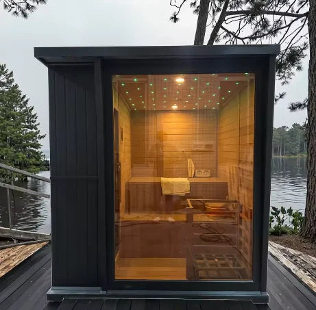 Luxury Modern Sauna Cabin Kit Red Cedar Interior & Hemlock Exterior Outdoor Steam Sauna for 4 Person