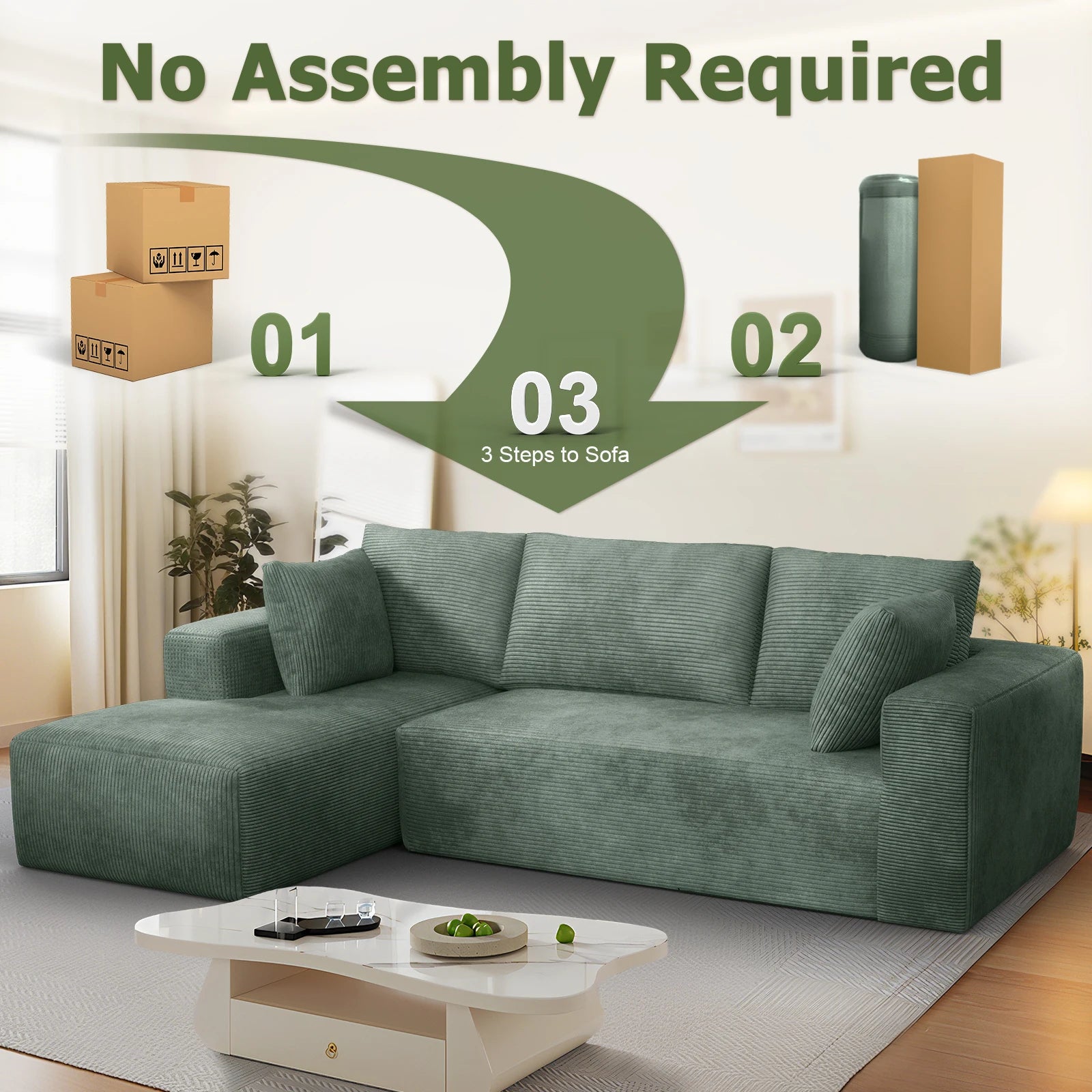 Durable L-Shape Sectional Sofa | Heavy-Duty Modular Cloud Couch | Vacuum Sealed Construction – Green