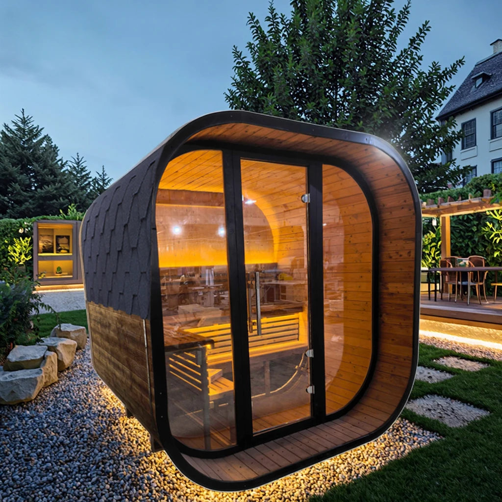 Square Spruce Home Sauna Kit with Panoramic Glass Wall & Rapid Stainless Steel Heater