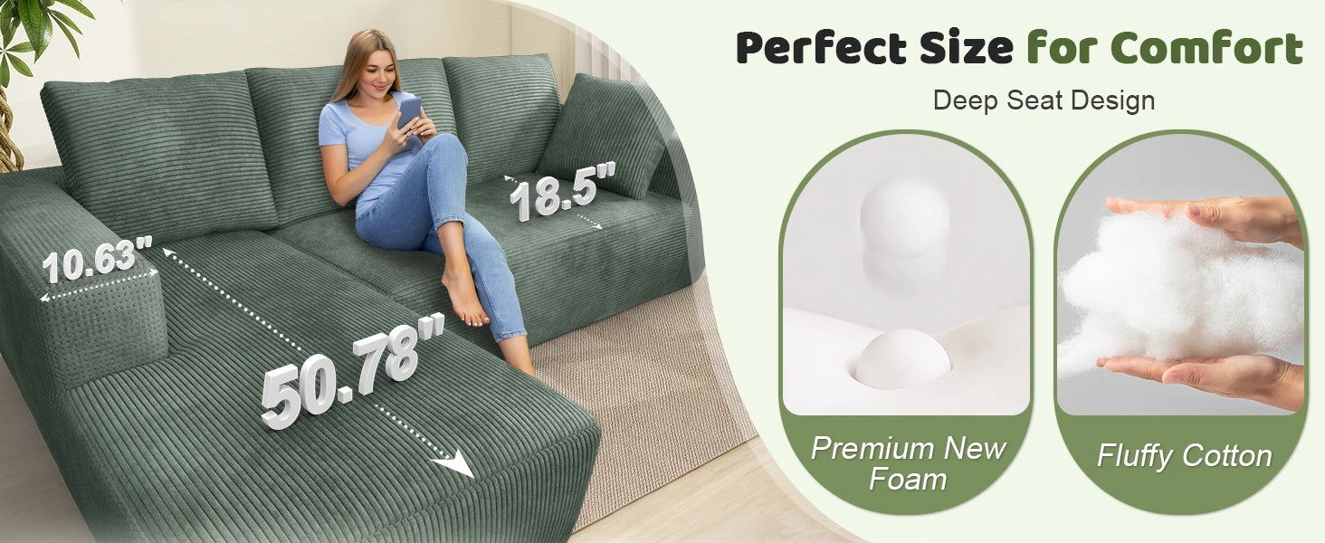 Durable L-Shape Sectional Sofa | Heavy-Duty Modular Cloud Couch | Vacuum Sealed Construction – Green