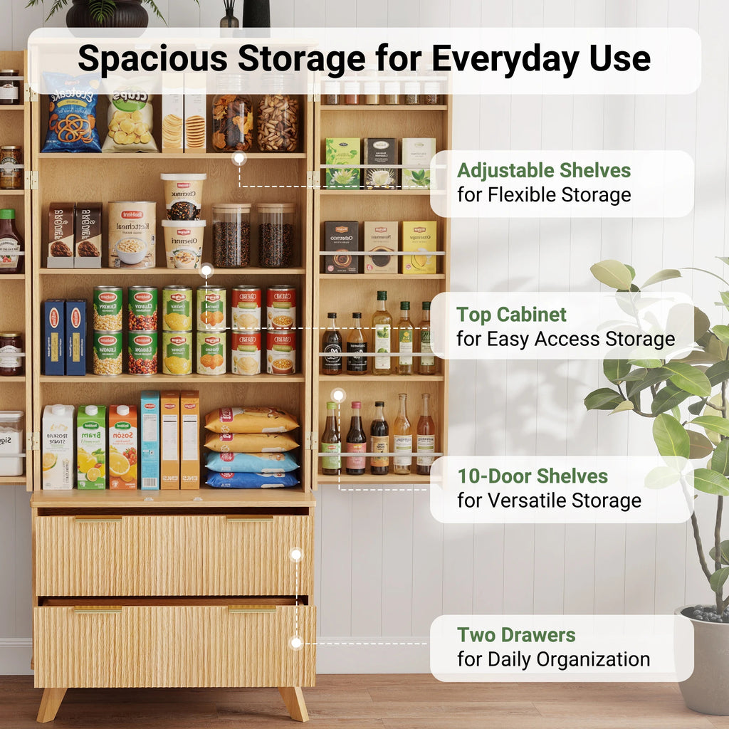 Solid Wood Modern Fluted Barn Door Pantry Cabinet – 10 Side Doors, 2 Drawers, Adjustable Shelves