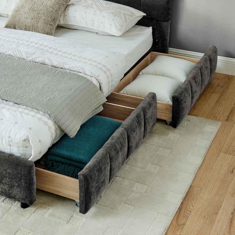 Modern Luxury Upholstered Bed Frame – Soft Chenille Fabric, Solid Wood Structure, Queen & King