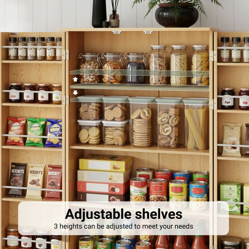 Solid Wood Modern Fluted Barn Door Pantry Cabinet – 10 Side Doors, 2 Drawers, Adjustable Shelves