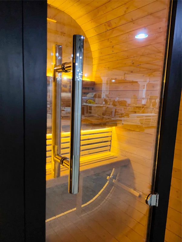 Square Spruce Home Sauna Kit with Panoramic Glass Wall & Rapid Stainless Steel Heater