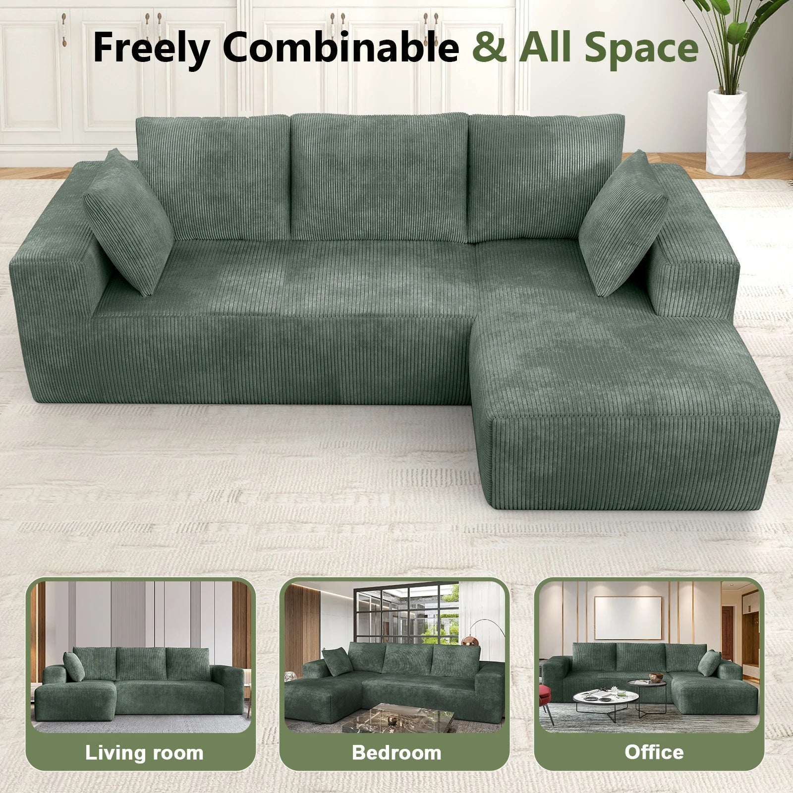 Durable L-Shape Sectional Sofa | Heavy-Duty Modular Cloud Couch | Vacuum Sealed Construction – Green