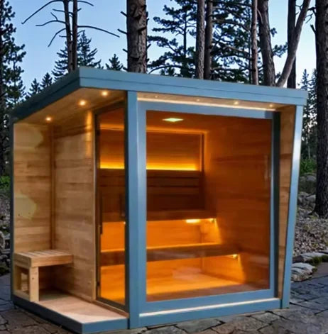 Large Outdoor Steam Sauna Black Trim Sloped Roof Solid Wood Carbonized Spruce 6 Person