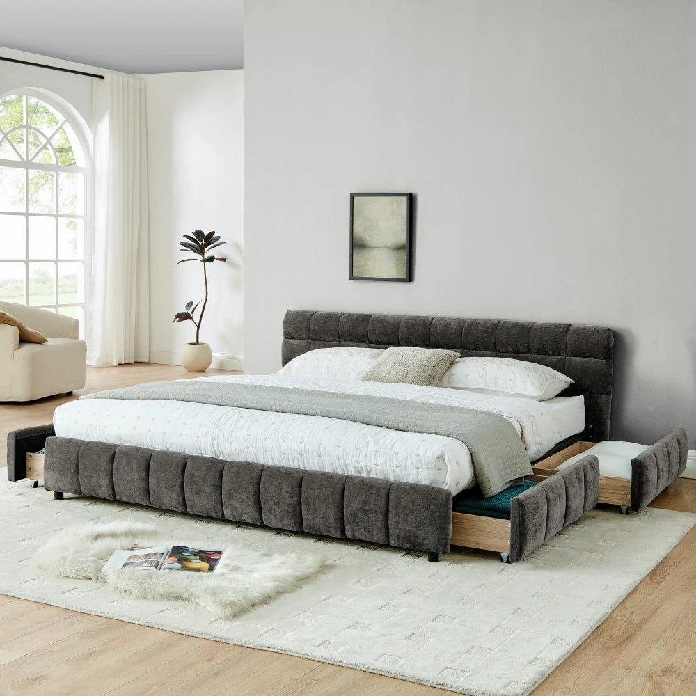 Modern Luxury Upholstered Bed Frame – Soft Chenille Fabric, Solid Wood Structure, Queen & King