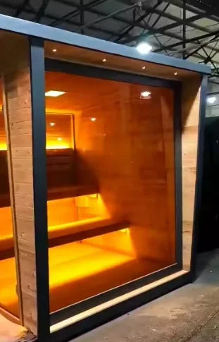 Large Outdoor Steam Sauna Black Trim Sloped Roof Solid Wood Carbonized Spruce 6 Person