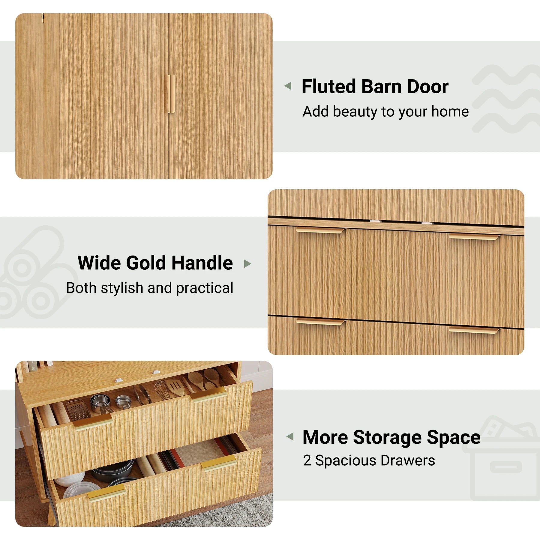Solid Wood Modern Fluted Barn Door Pantry Cabinet – 10 Side Doors, 2 Drawers, Adjustable Shelves