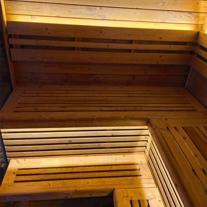 Square Spruce Home Sauna Kit with Panoramic Glass Wall & Rapid Stainless Steel Heater