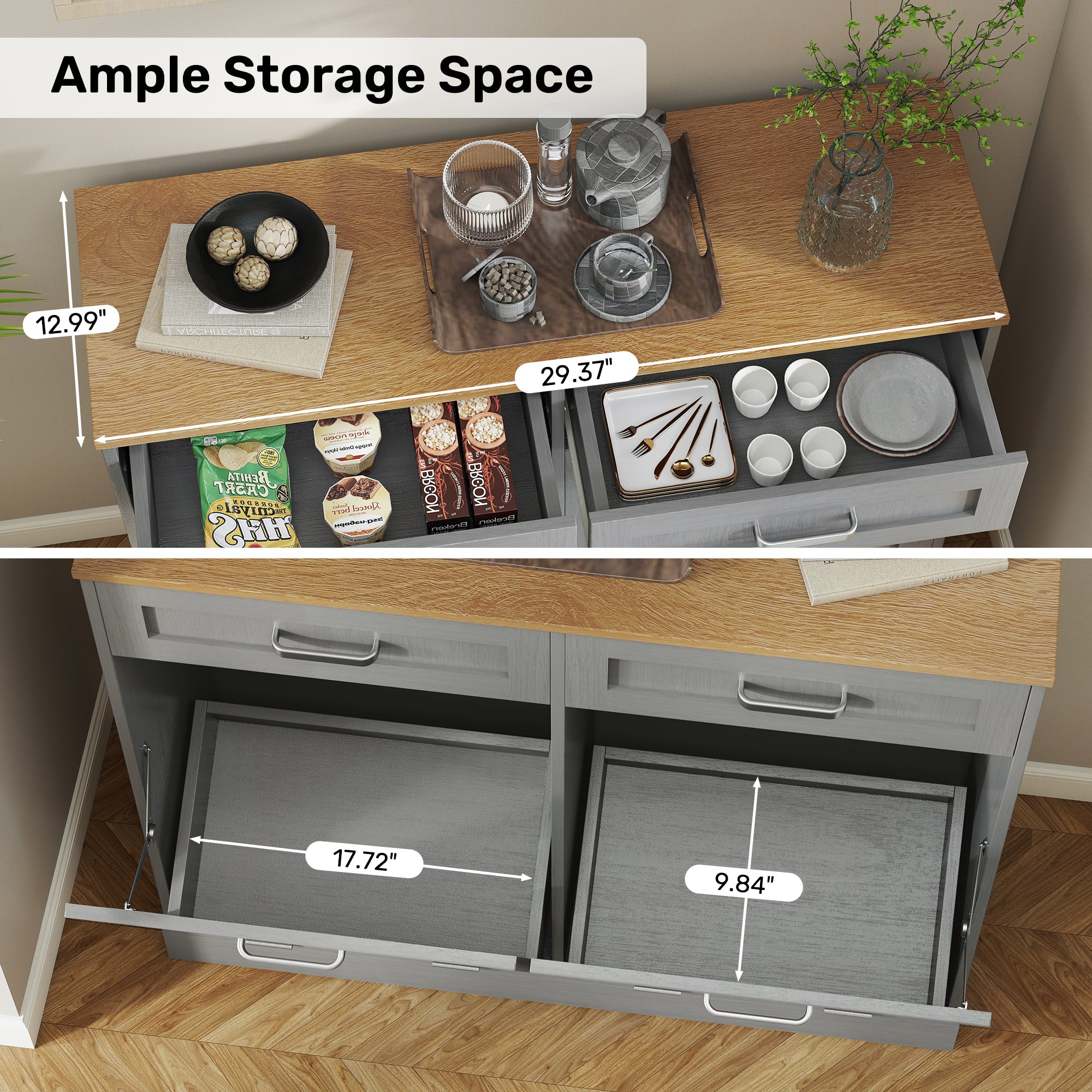 T-Shape Wooden Fluted Trash Can Cabinet with Storage Drawers – Water-Resistant & Easy Clean