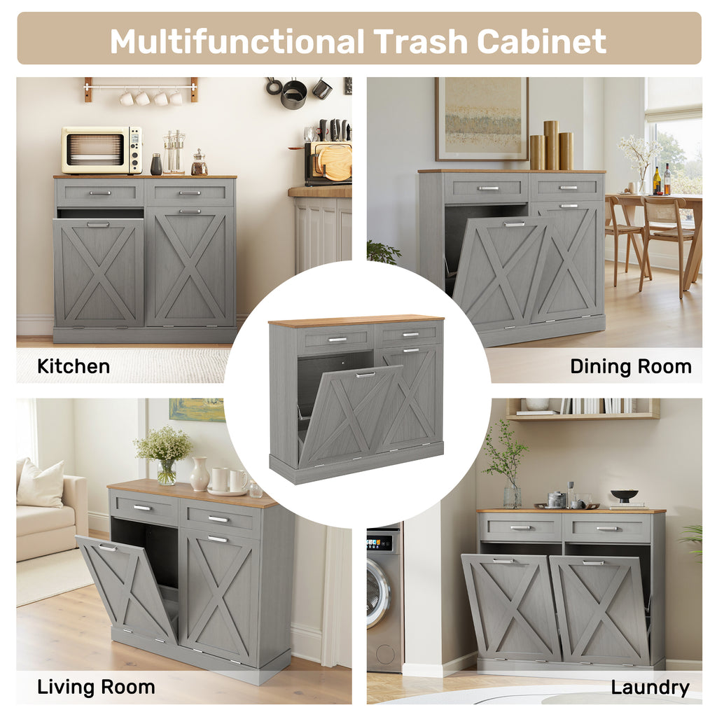 T-Shape Wooden Fluted Trash Can Cabinet with Storage Drawers – Water-Resistant & Easy Clean