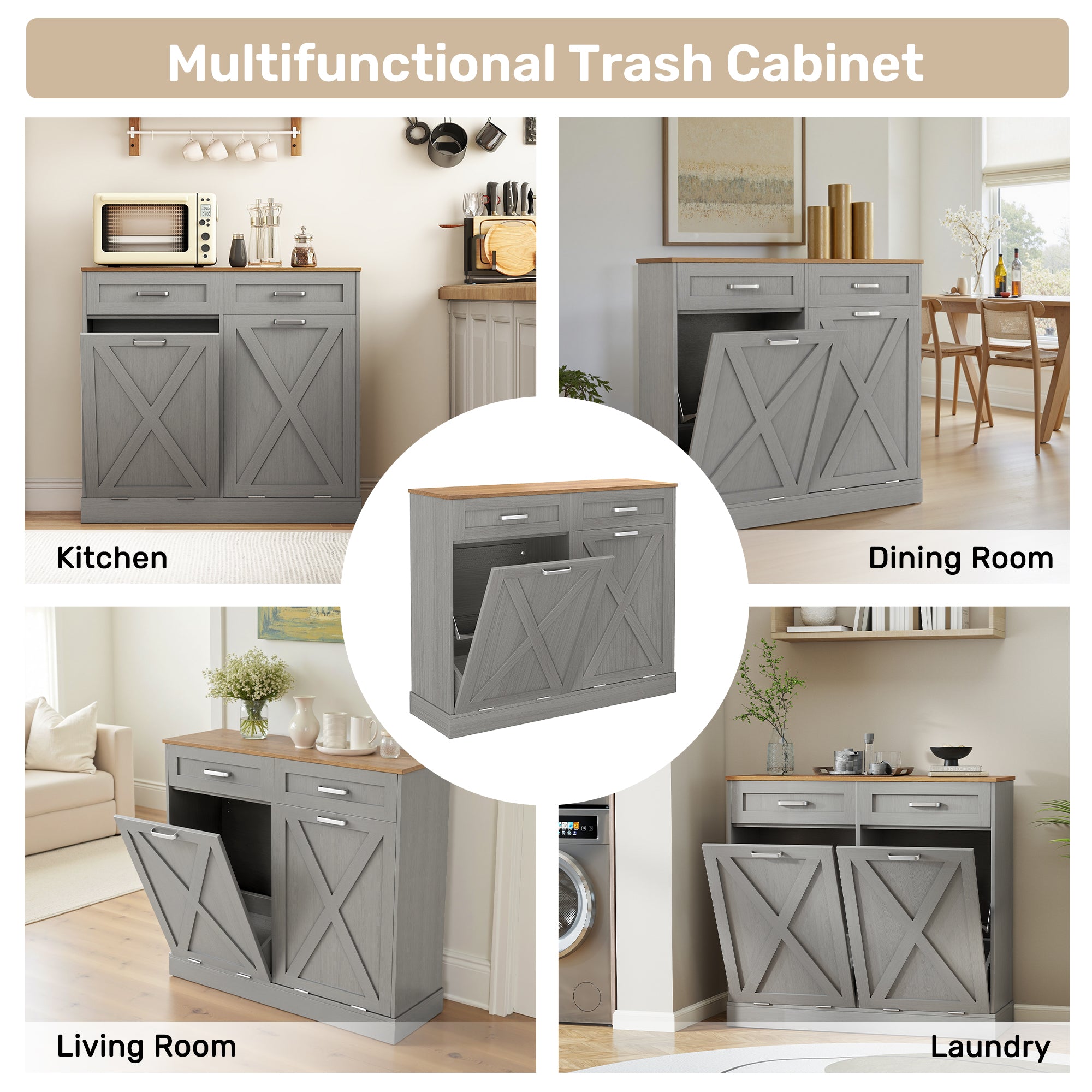 T-Shape Wooden Fluted Trash Can Cabinet with Storage Drawers – Water-Resistant & Easy Clean