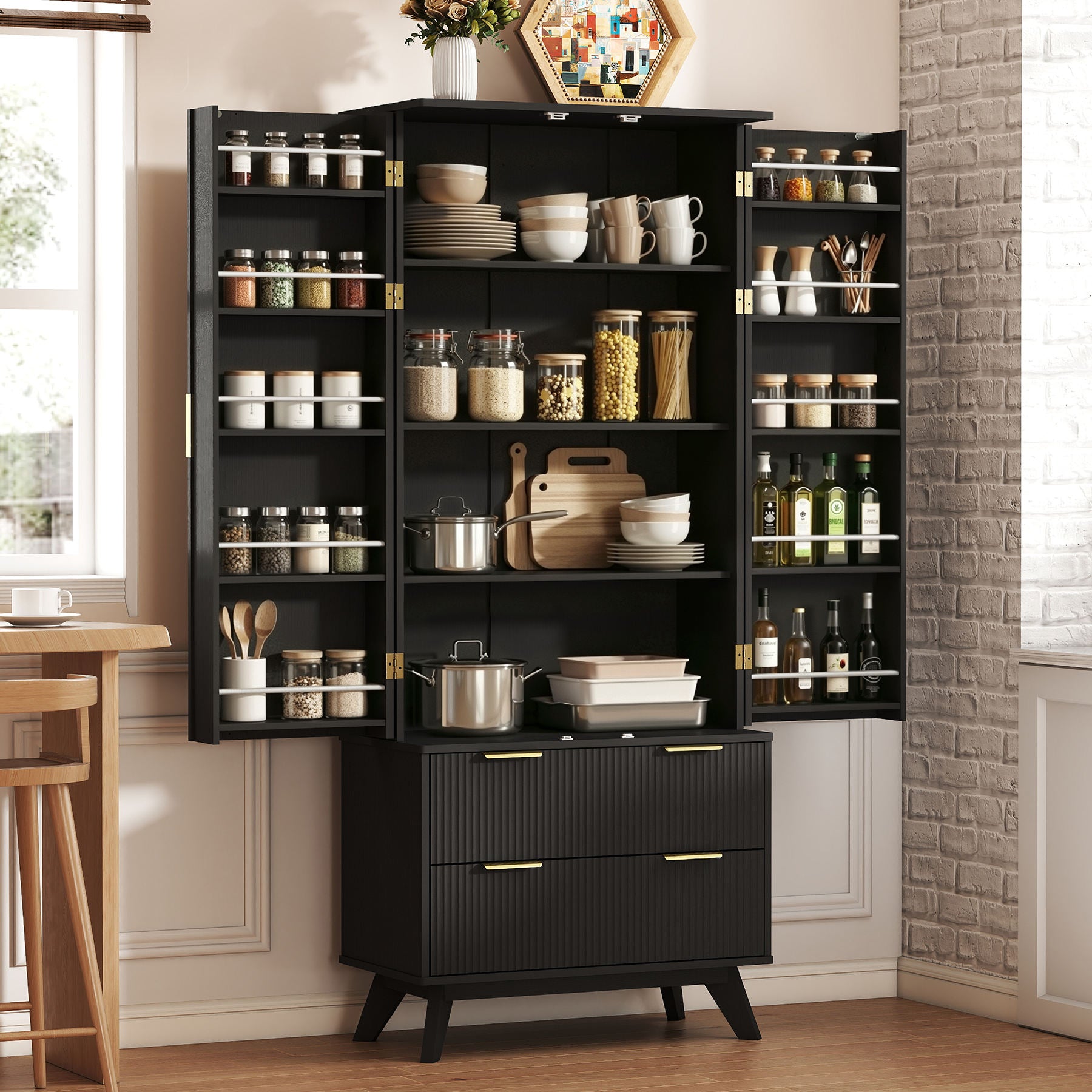 Solid Wood Modern Fluted Barn Door Pantry Cabinet – 10 Side Doors, 2 Drawers, Adjustable Shelves