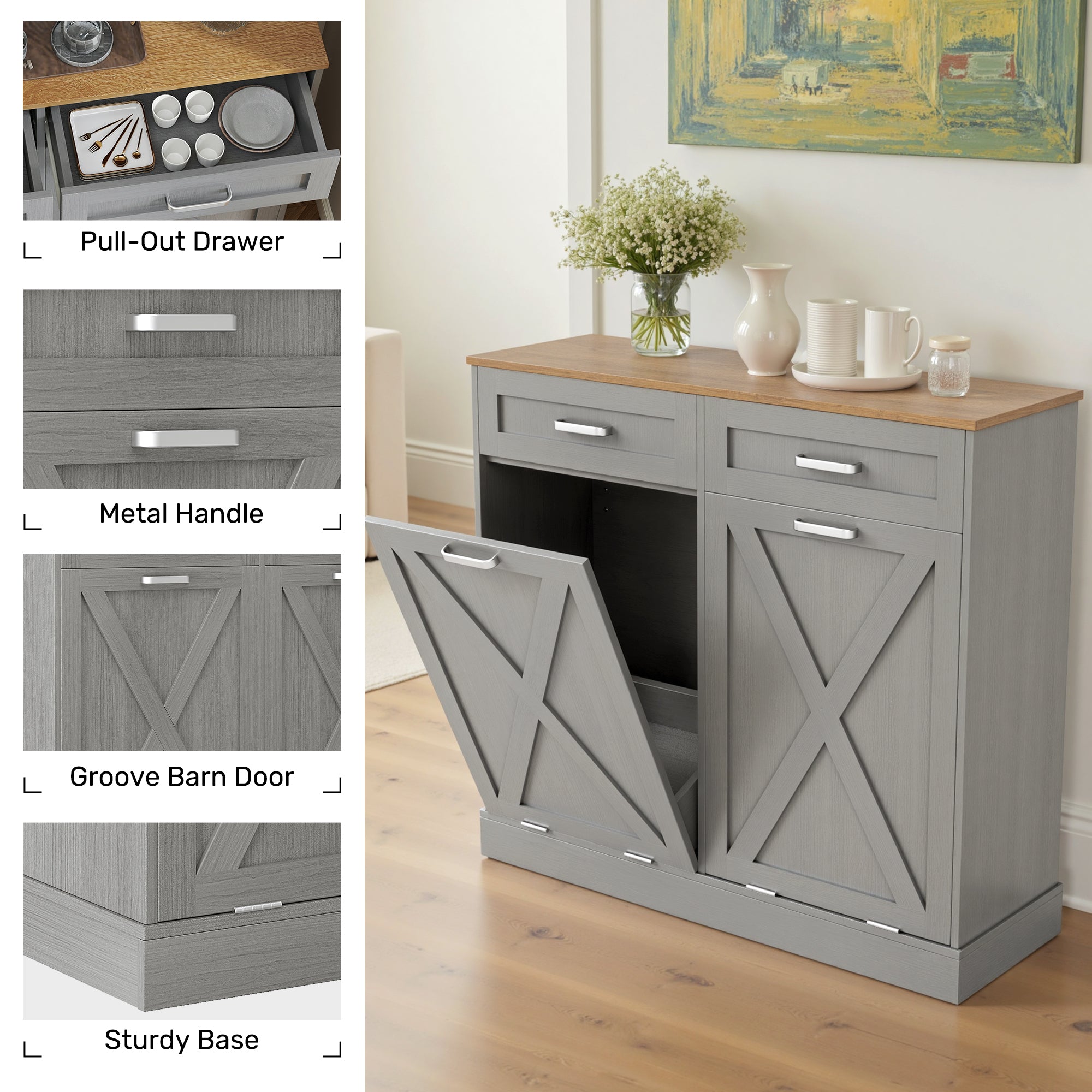 T-Shape Wooden Fluted Trash Can Cabinet with Storage Drawers – Water-Resistant & Easy Clean