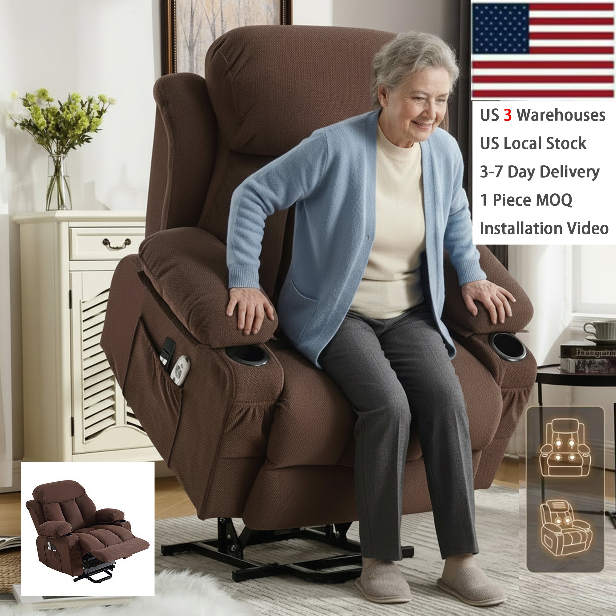 Power Lift Recliner Chair – 350 LBS Capacity, 8-Point Massage, Heat & Cup Holder