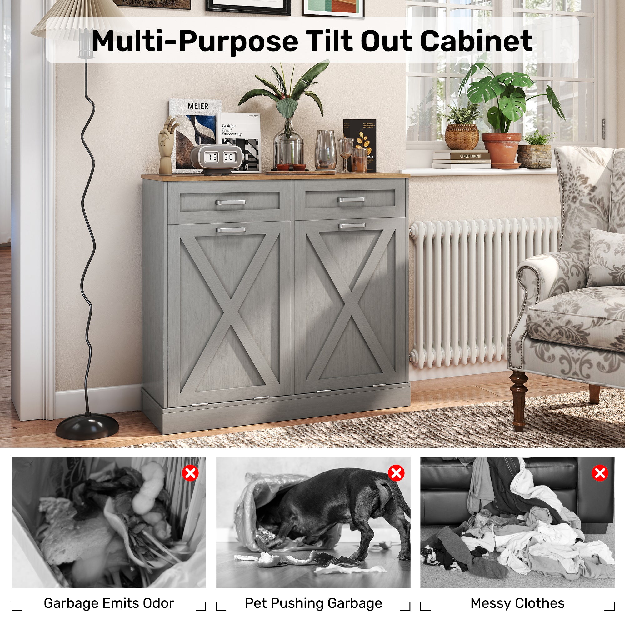 T-Shape Wooden Fluted Trash Can Cabinet with Storage Drawers – Water-Resistant & Easy Clean