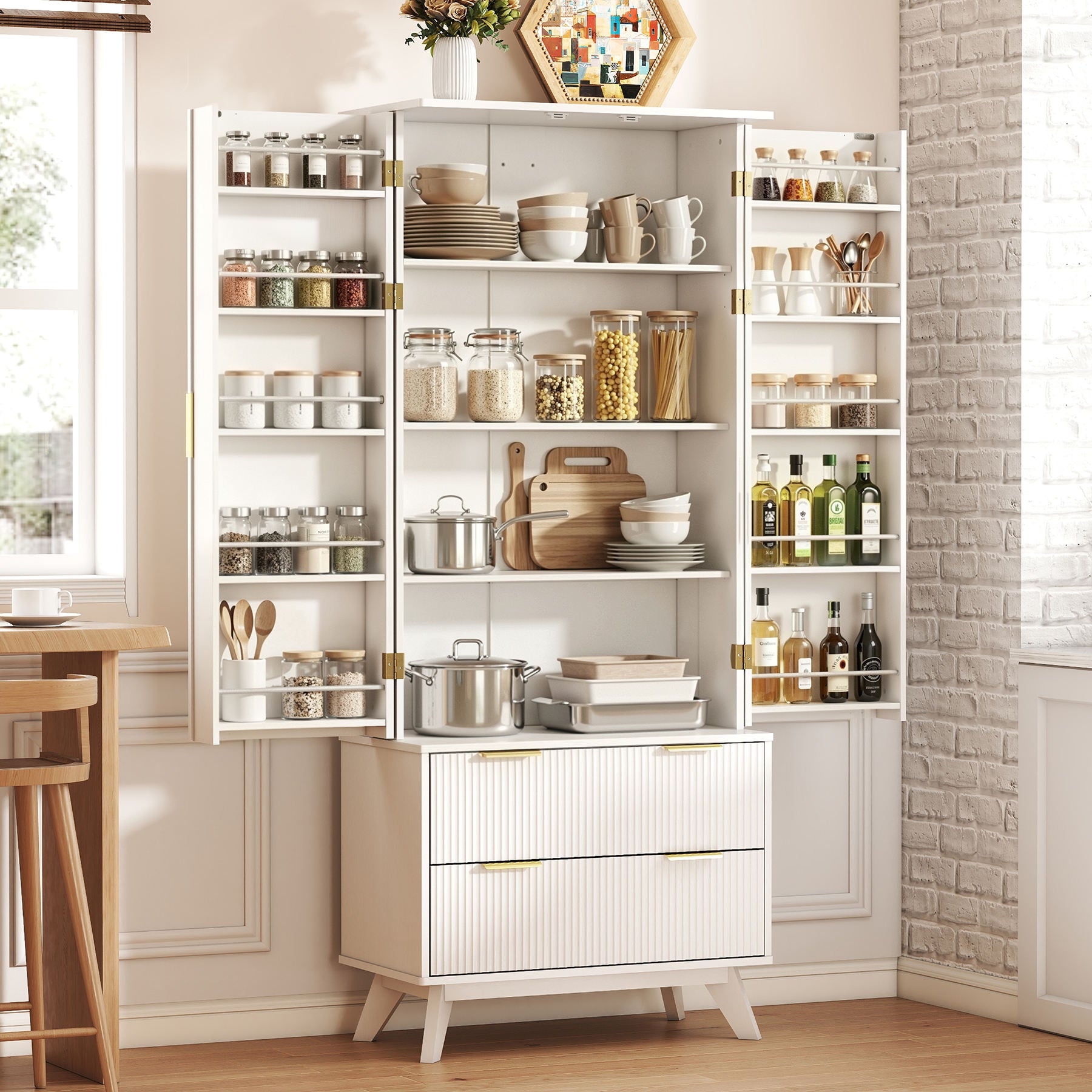 Solid Wood Modern Fluted Barn Door Pantry Cabinet – 10 Side Doors, 2 Drawers, Adjustable Shelves
