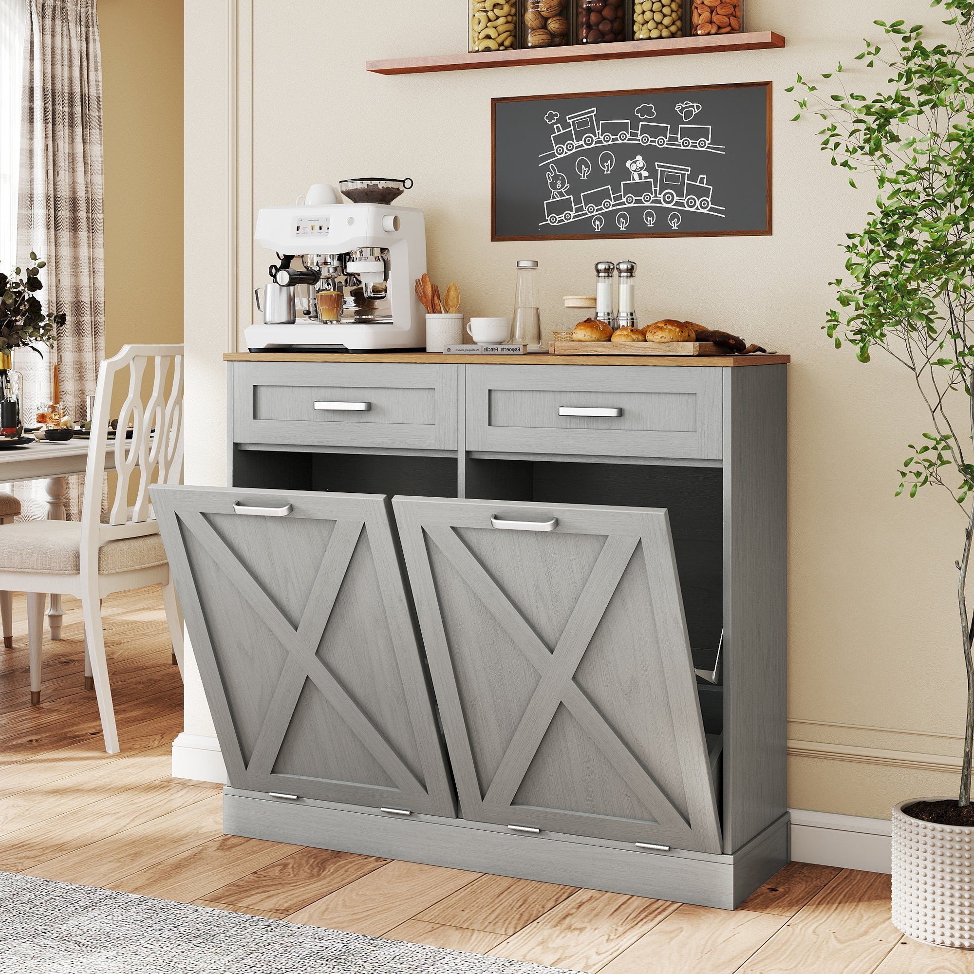 T-Shape Wooden Fluted Trash Can Cabinet with Storage Drawers – Water-Resistant & Easy Clean