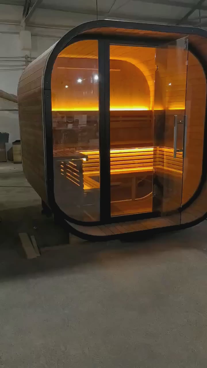 Square Spruce Home Sauna Kit with Panoramic Glass Wall & Rapid Stainless Steel Heater
